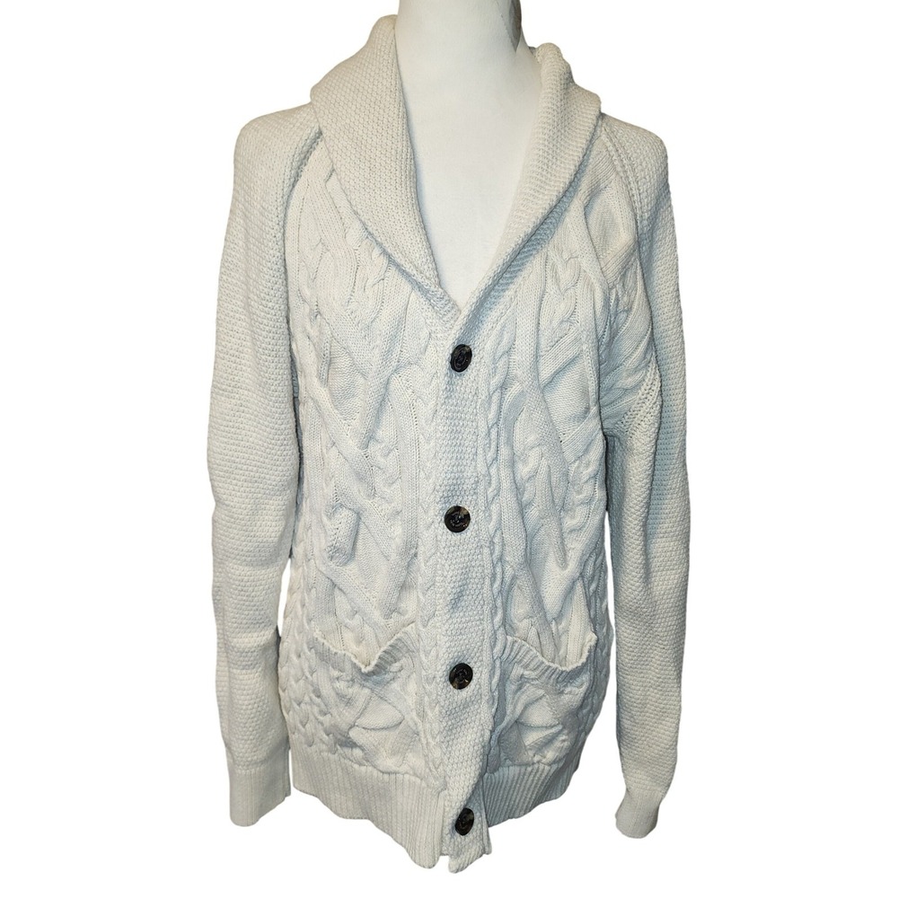 Tasso Elba Mens Cream Cotton Cable Knit Shawl Collar Button Cardigan Size L READ